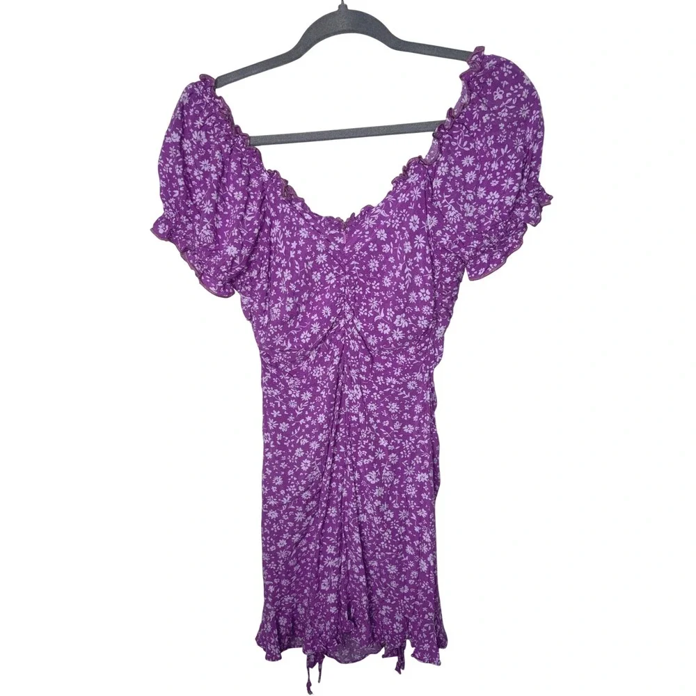 Purple Floral Ruched Mini Dress Romantic Cottagecore Puff Sleeve Bodycon Sz S - Picture 4 of 5